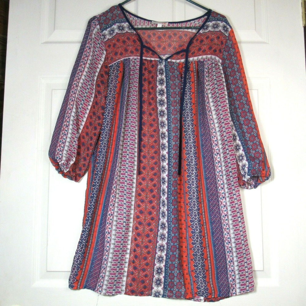 GB Sheer Boho Womens XSmall Red & Blue Tie Front Blouse Top Floral Stripes Shirt